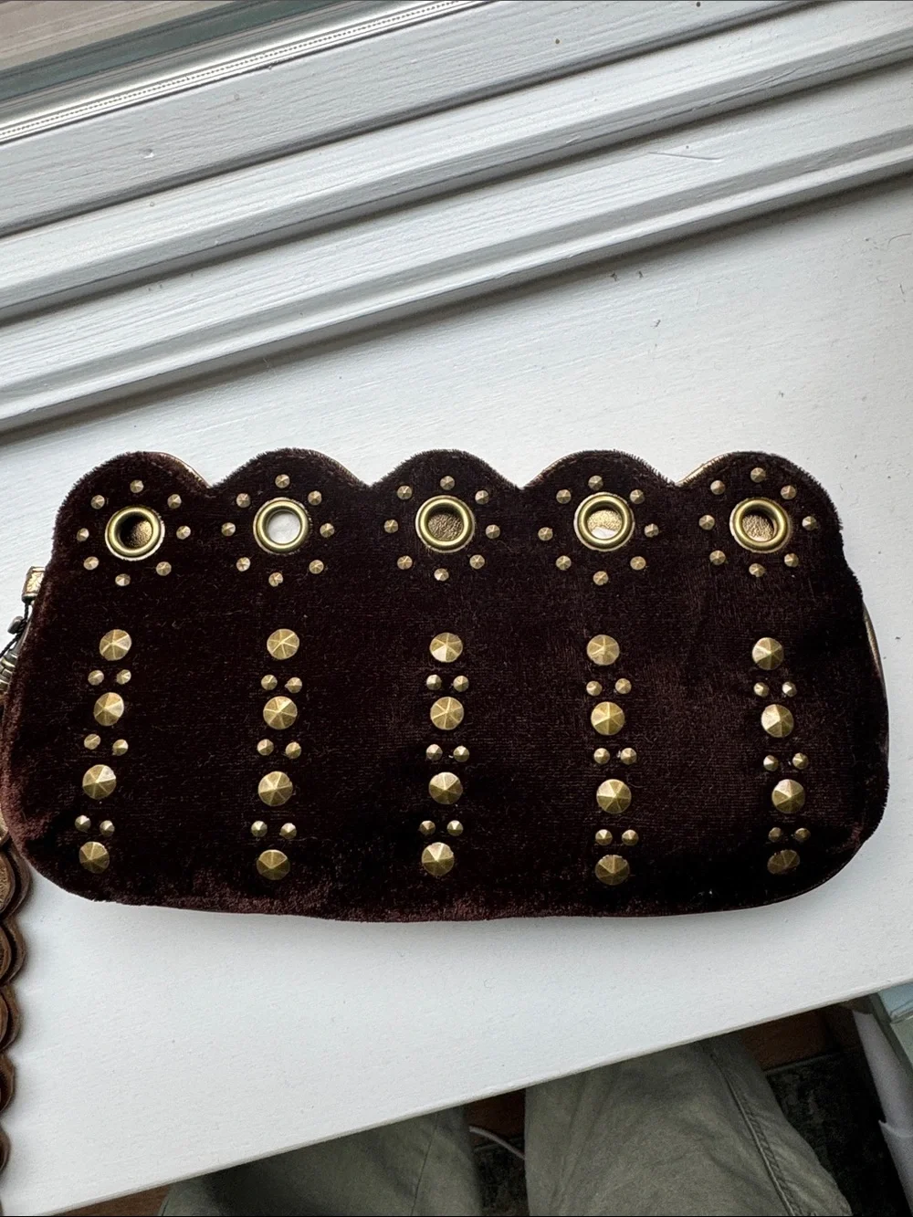 Paradox Brown Velvet Studded Clutch with Gold Accents